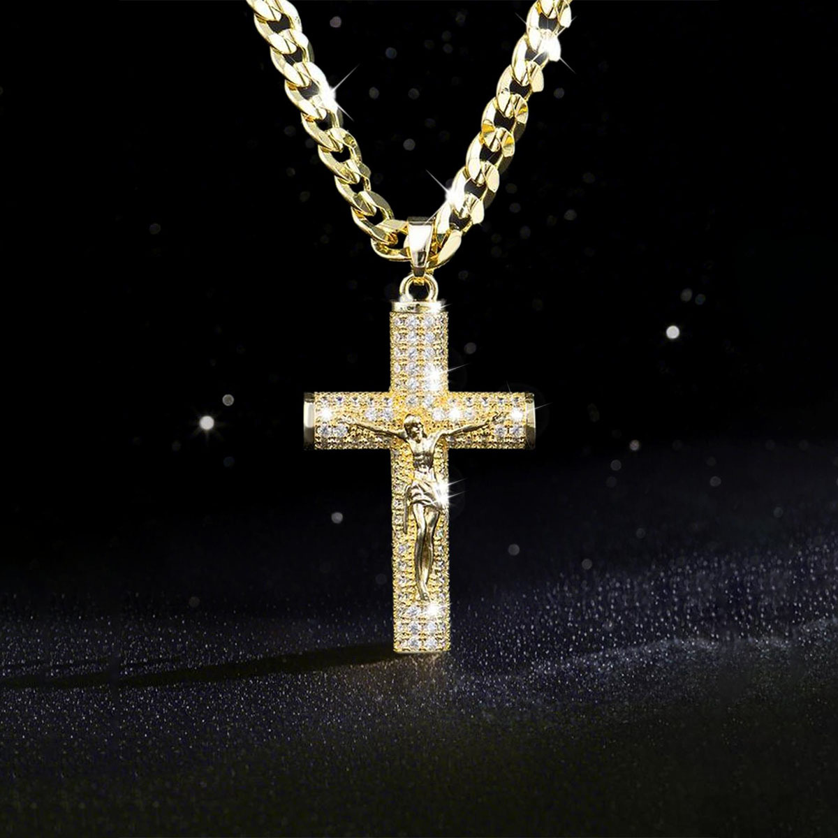 Cross Pendant Necklace Gold - メンズ用金メッキクロスネックレス、先進ナノテクノロジーによる変色防止加工、キューバンフィガロロープマイアミチェーン、イエス・キリストの十字架ペンダント付き