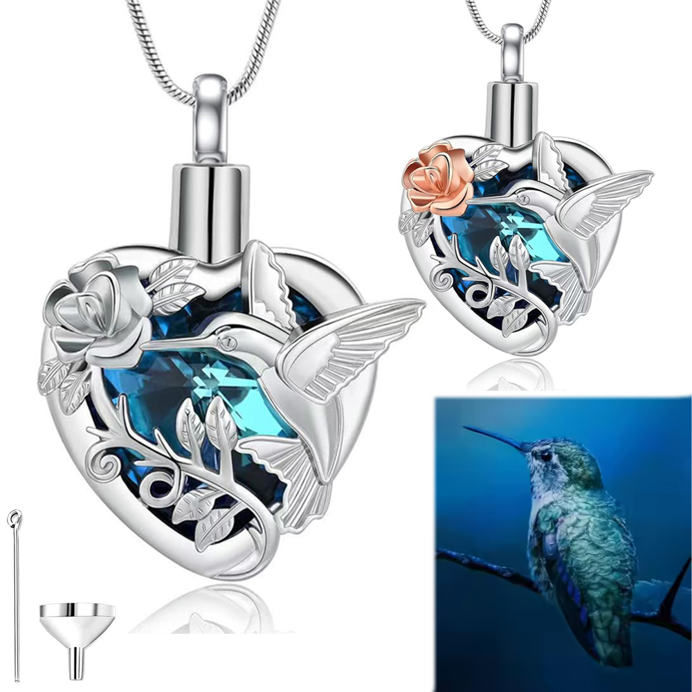 Heart Locket Necklace Photo - ハチドリハート骨壺ロケットネックレス灰と骨壺ロケット火葬ネックレス灰記念記念品ジュエリー