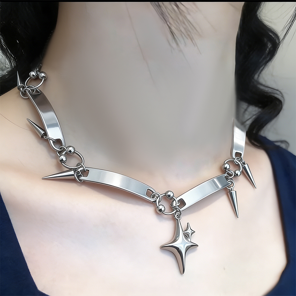 Goth Punk Spike Choker - Y2k スターリベットチョーカーゴスデザインセンススパイククロススターペンダントネックレス女性用パンクロックヒッピーパーティージュエリーアクセサリー