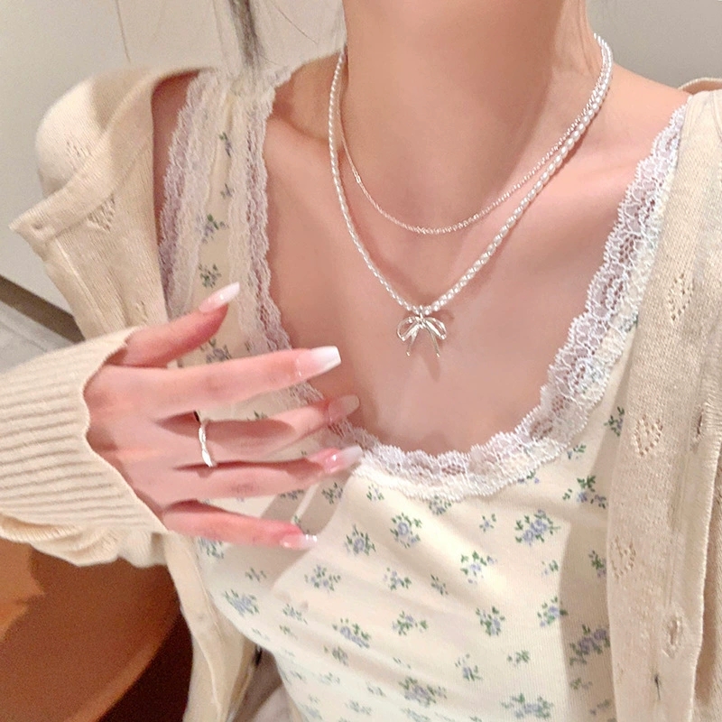 Layered Pendant Necklace Aesthetic - ファッションヴィンテージちょう結びペンダントパールビーズ二層チェーンチョーカーネックレス女性のためのチャーム美的ジュエリーアクセサリー