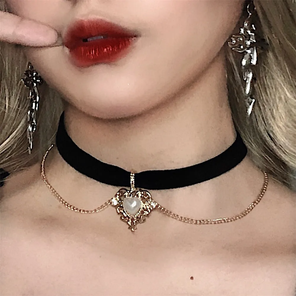Pearl Choker Necklace Vintage - 女性のためのヴィンテージベルベットネックレス,チェーン,ハートペンダント,模造真珠,パーティージュエリー