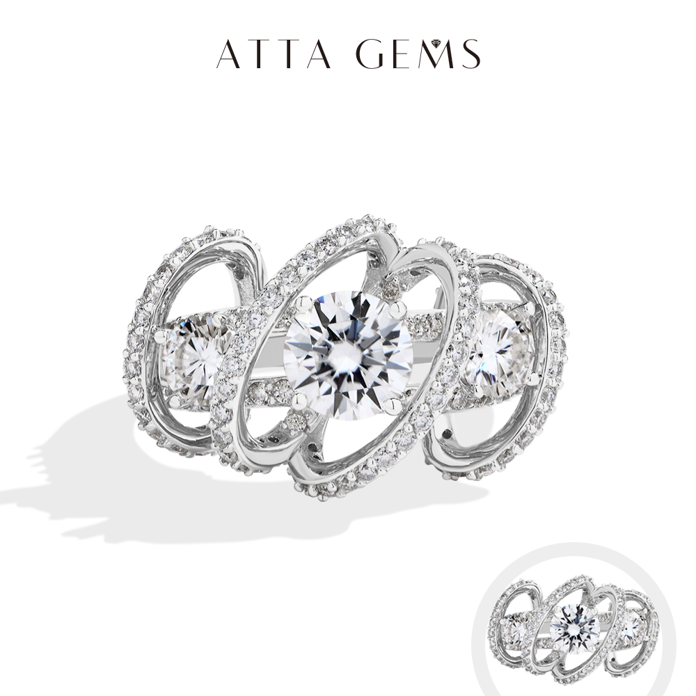 Moissanite Engagement Ring 1 Carat - ATTAGEMS スリーストーンクラスター モアサナイトリング 女性用 1CT ラウンドカット
