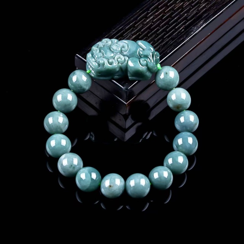 Bracelets - 天然の本物のエメラルドブルーウォーター貔貅（ヒキュウ）ラウンドビーズブレスレット ミャンマージェダイトネックレス ジュエリーチャーム デザイナーラグジュアリー証明書付き