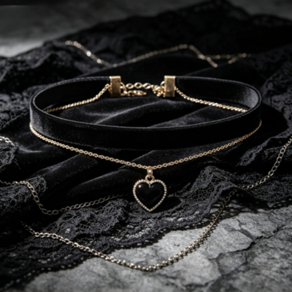 Layered Pendant Necklace Aesthetic - 多層ブラックピーチハートペンダントチョーカー、ゴシックスタイルの鎖骨チェーンネックレス、女性・女の子向けジュエリー