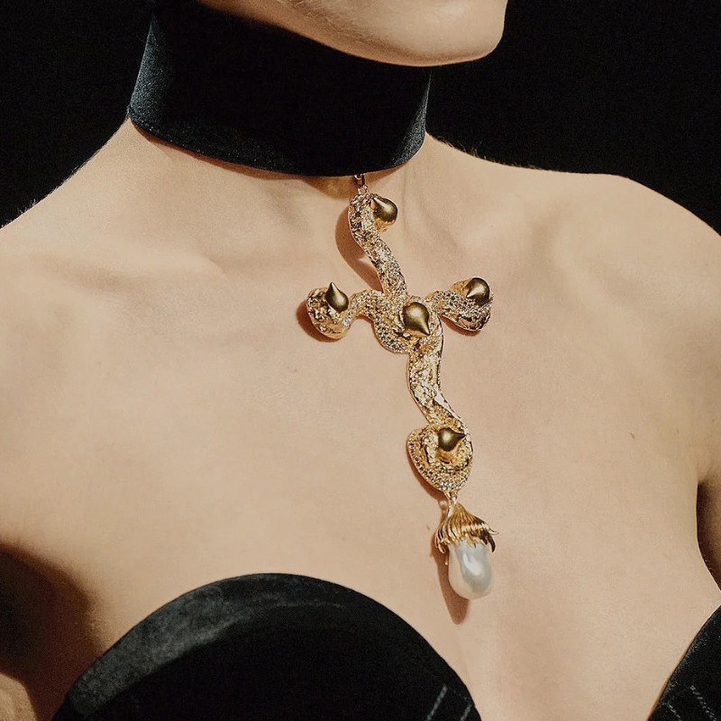 Pearl Choker Necklace Vintage - ヴィンテージ誇張バロックパールクロスペンダントネックレス、気質チョーカー鎖骨チェーン