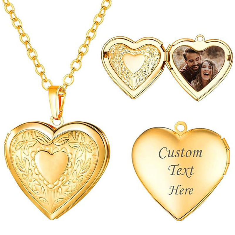 Heart Locket Necklace Photo - パーソナライズロケットネックレス カスタム写真テキストハートネックレス 刻印名入り ステンレススチールハート型ペンダントネックレス ジュエリー