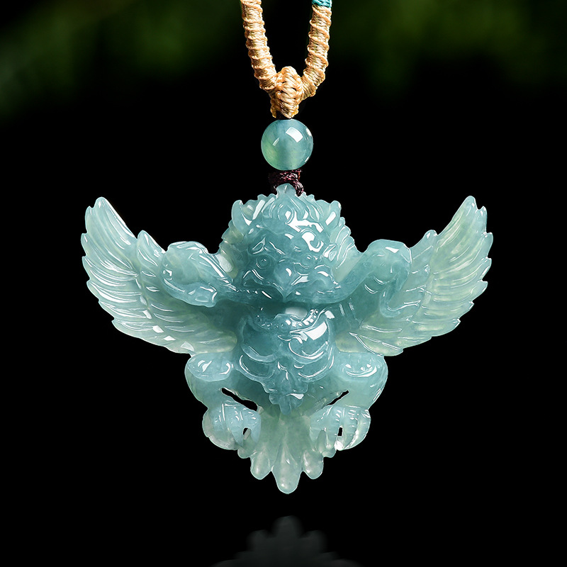 Necklaces - 本物の天然エメラルドジェイド ブルーウォーター ガルーダ ロック ペンダントネックレス 彫刻チャーム