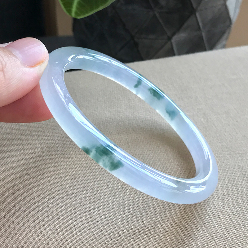 Rings - 古鉱山産ジェダイトブレスレット、丸型、氷のような質感、模様、緑の花、接着剤のような仕上げ、光沢あり、細い棒状、小さなリング
