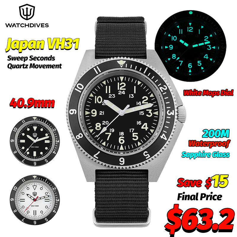 Watch Accessories - Watchdives WD1972 クォーツ時計サファイア夜光メンズ腕時計 VH31 スイープ秒ムーブメント 20Bar