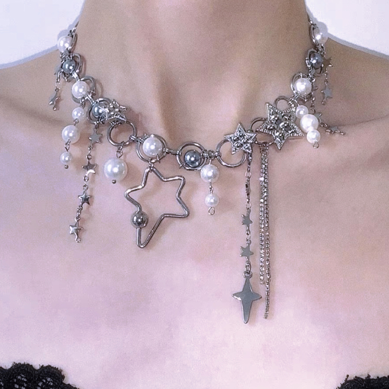 Pearl Choker Necklace Vintage - 女性のためのスプライスパールとスターチェーン,y2kジュエリー,韓国のファッションチャーム,ヴィンテージネックレス,パンクアクセサリー
