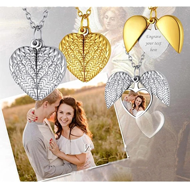 Heart Locket Necklace Photo - カスタム写真ハートロケットネックレスパーソナライズされた写真天使の羽ロケットネックレスカスタマイズされたテキスト名男性モメンジュエリーギフト