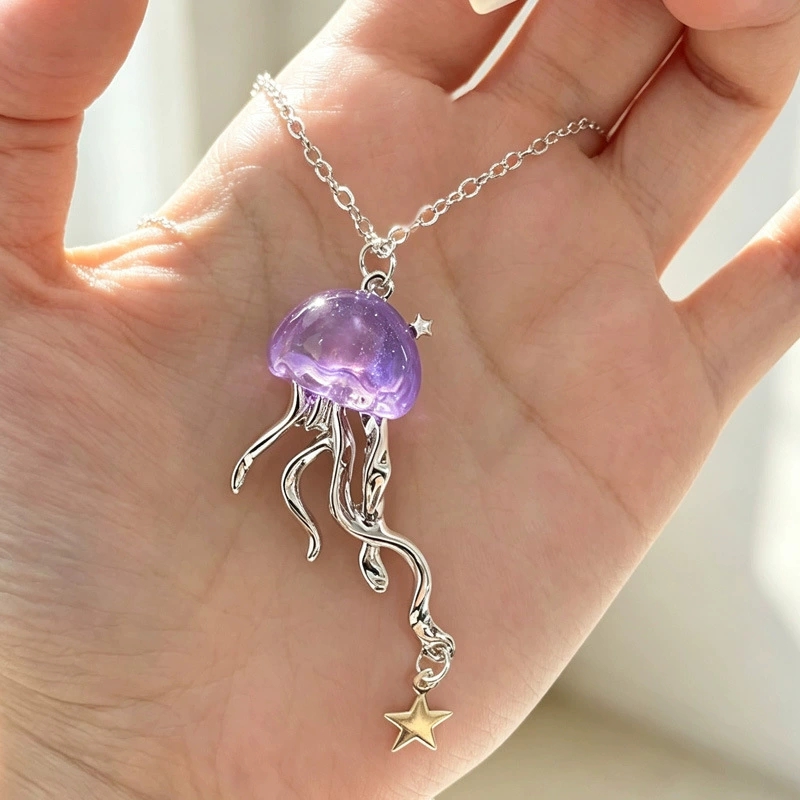 Layered Pendant Necklace Aesthetic - かわいい紫色のクラゲオーシャンスターペンダント二層チョーカーネックレスセット女性海美的 Y2K 原宿ジュエリーアクセサリー