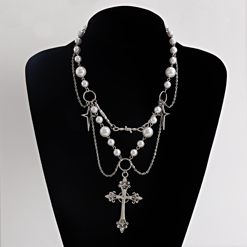 パンククロスペンダントネックレスゴシッククロス層状チェーン模 - Pearl Choker Necklace Vintage のレビューと価格