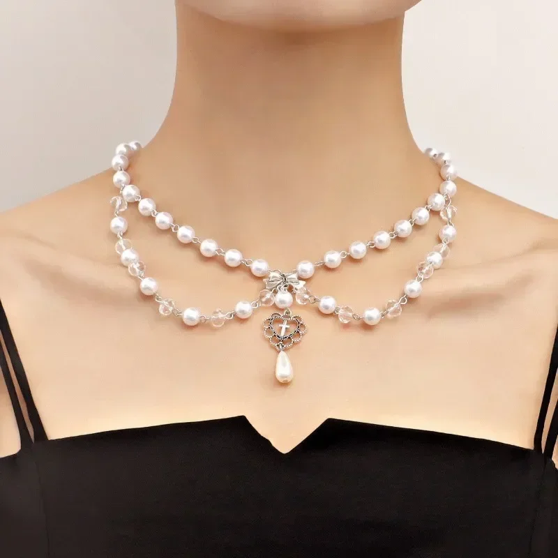 パンククロスペンダントネックレスゴシッククロス層状チェーン模 - Pearl Choker Necklace Vintage のレビューと価格