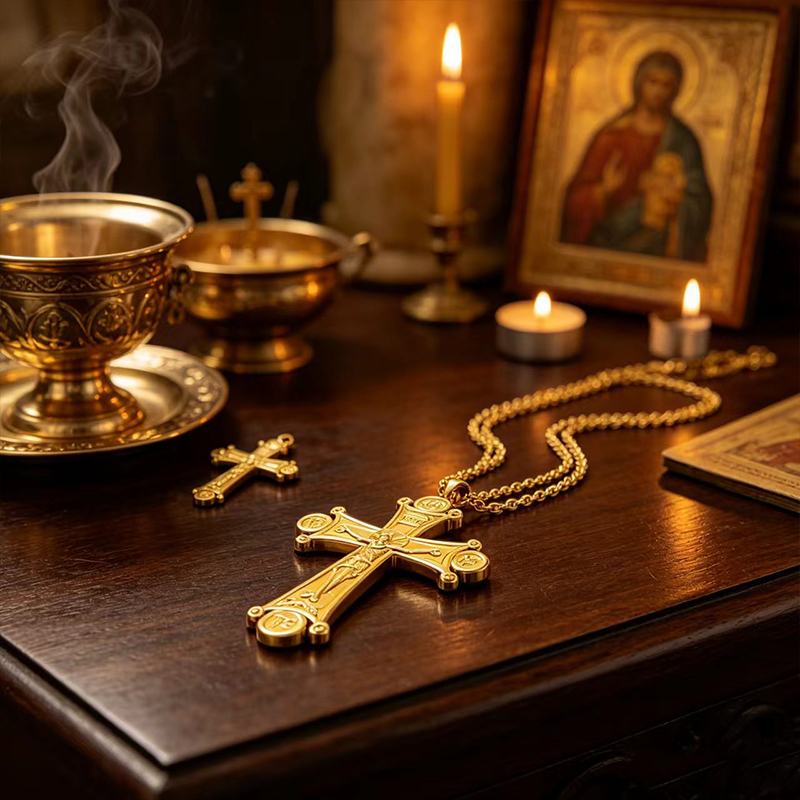 プレミアム正教会十字架ネックレス 金銀メッキ イエス・キリス - Cross Pendant Necklace Gold のレビューと価格