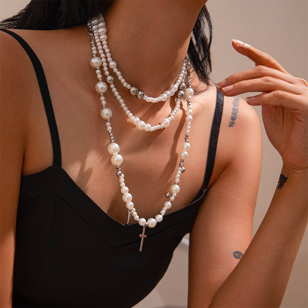 多層模造パールビーズチェーンネックレス女性のファッションクロ - Layered Pendant Necklace Aesthetic のレビューと価格