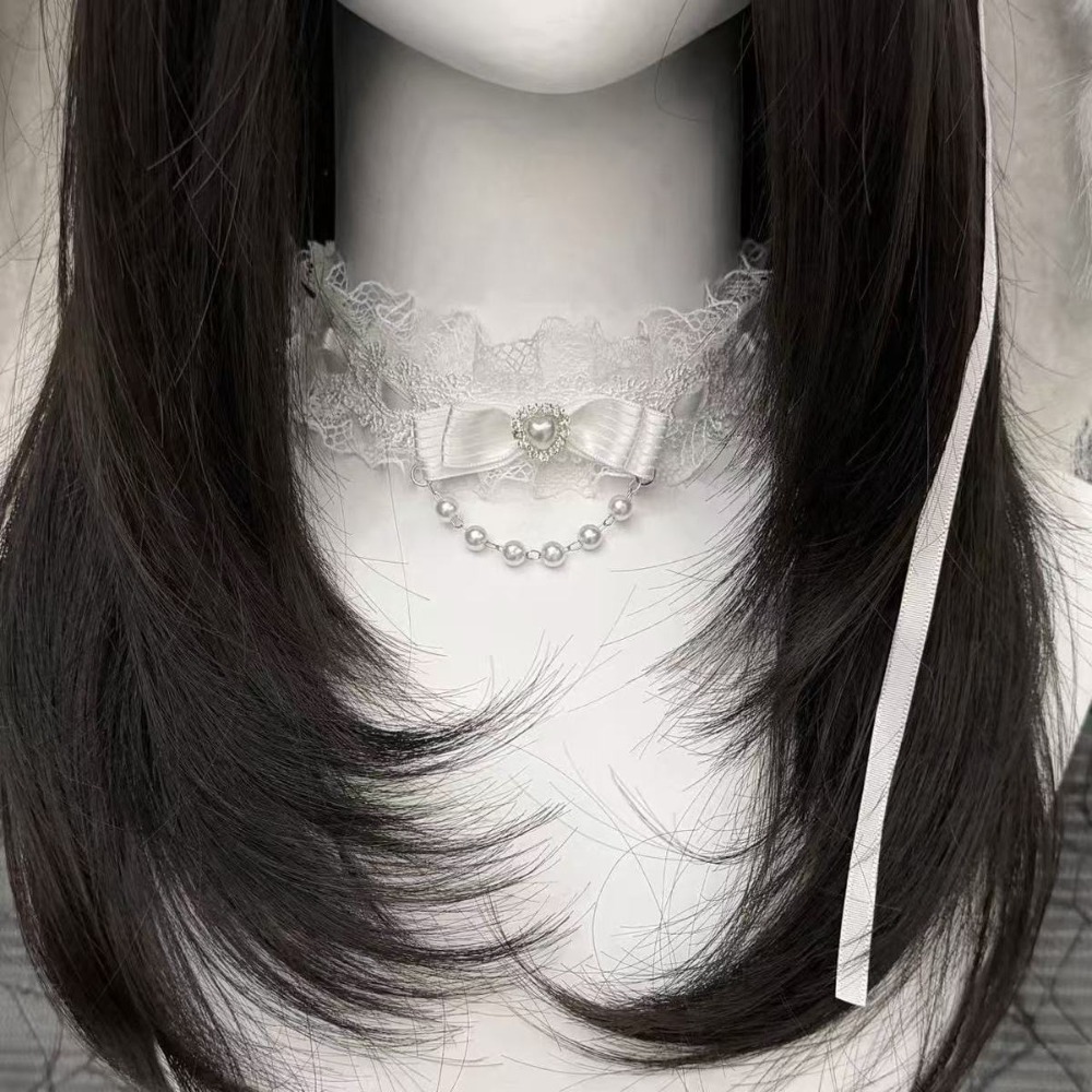 レースリボンフリルファッションチョーカーネックレス女性用ロリ - Pearl Choker Necklace Vintage のレビューと価格