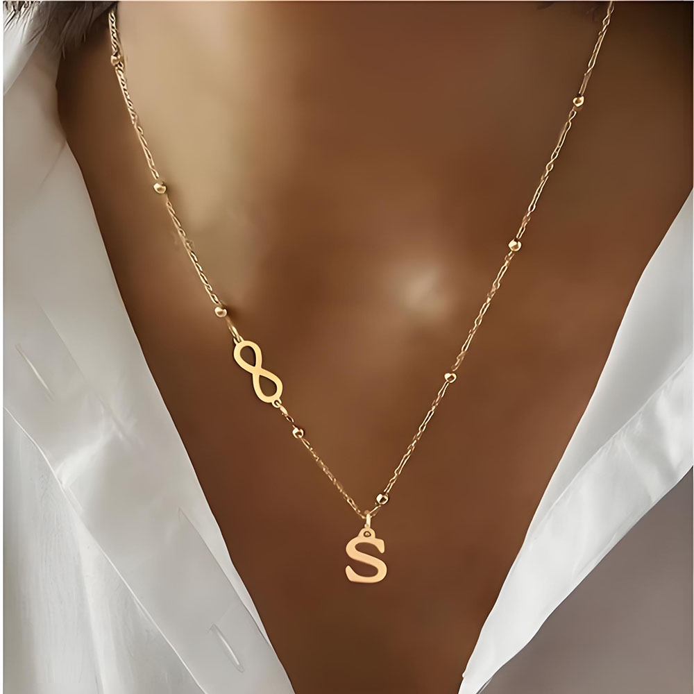 カスタム無限大記号イニシャルレタービーズチェーンネックレス1 - Initial Letter Necklace 18K Gold のレビューと価格