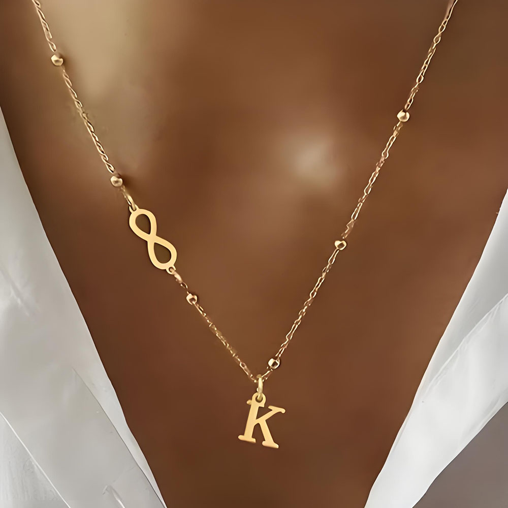 カスタム無限大記号イニシャルレタービーズチェーンネックレス1 - Initial Letter Necklace 18K Gold のレビューと価格