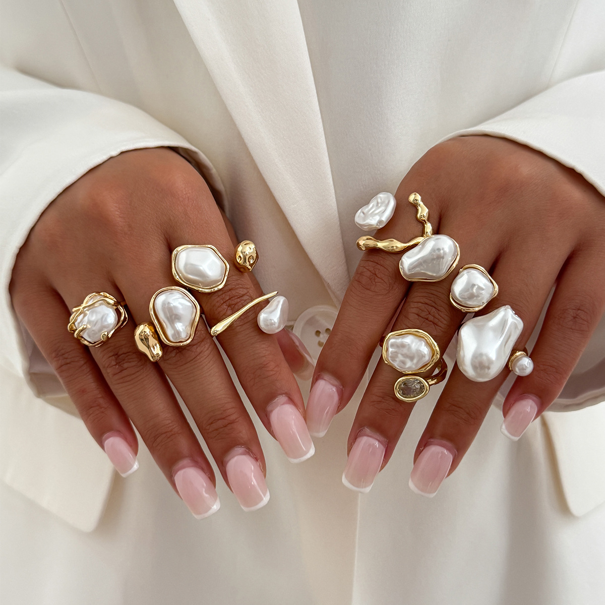 7個セット ゴールドカラー 不規則な模造パール オープンリン - Vintage Punk Knuckle Rings Set のレビューと価格