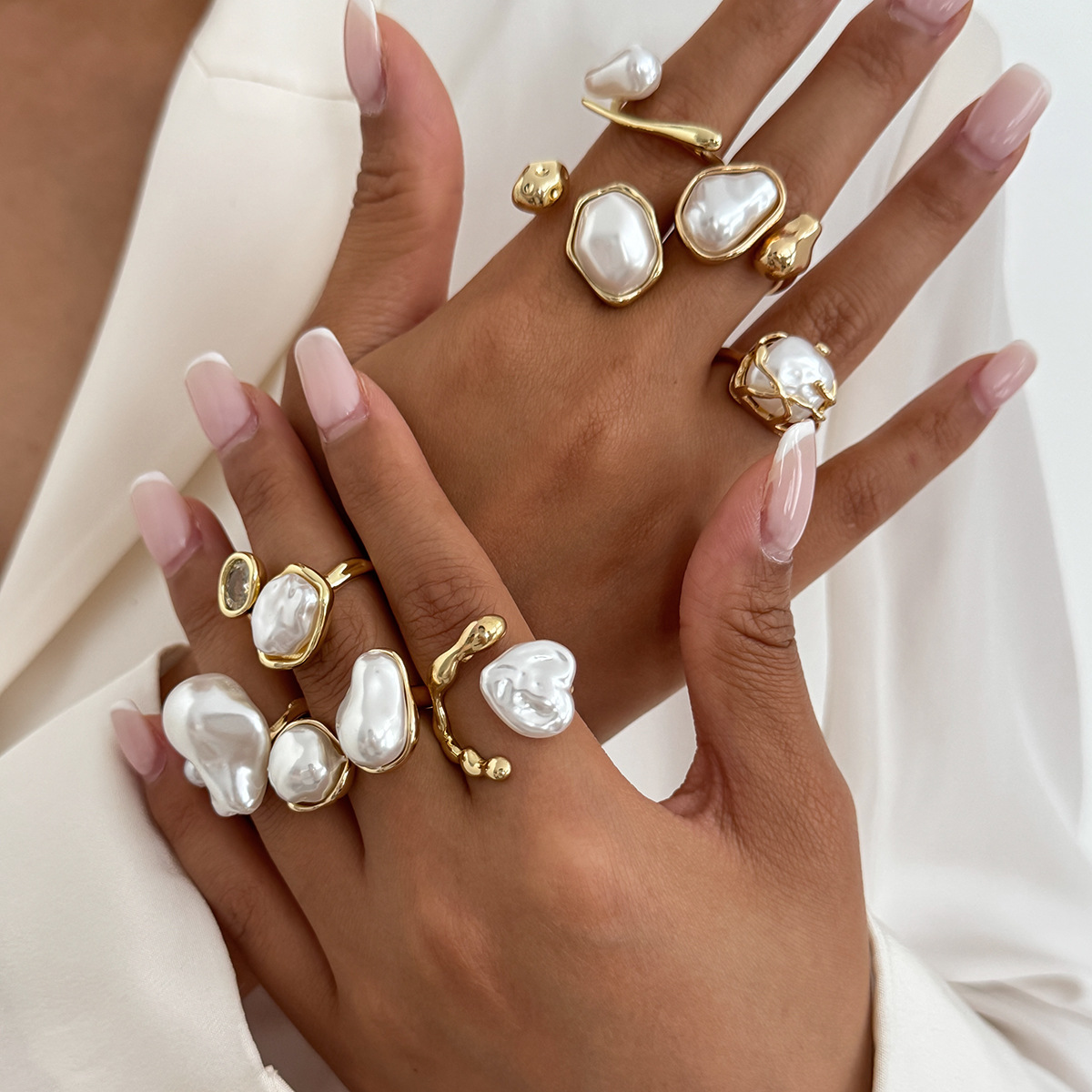 7個セット ゴールドカラー 不規則な模造パール オープンリン - Vintage Punk Knuckle Rings Set のレビューと価格