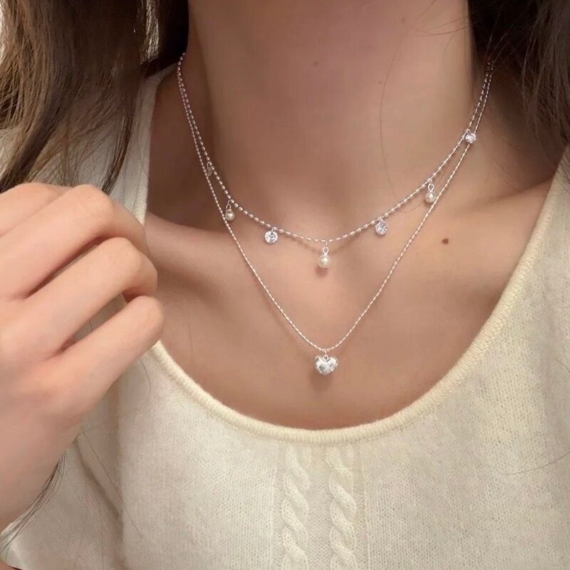 二重層シルバービーズチョーカー小さな織りハートペンダントネッ - Layered Pendant Necklace Aesthetic のレビューと価格