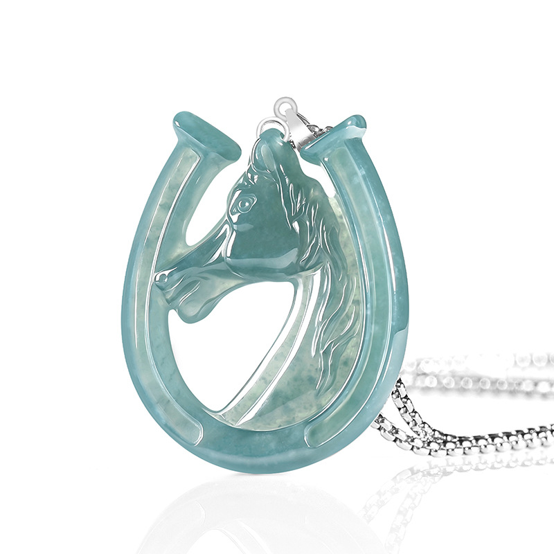 S925シルバー天然ブルーウォータージェイド馬蹄ペンダントネ - Necklaces のレビューと価格