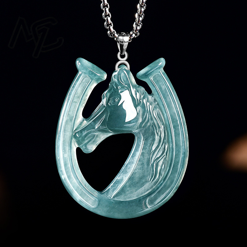 S925シルバー天然ブルーウォータージェイド馬蹄ペンダントネ - Necklaces のレビューと価格