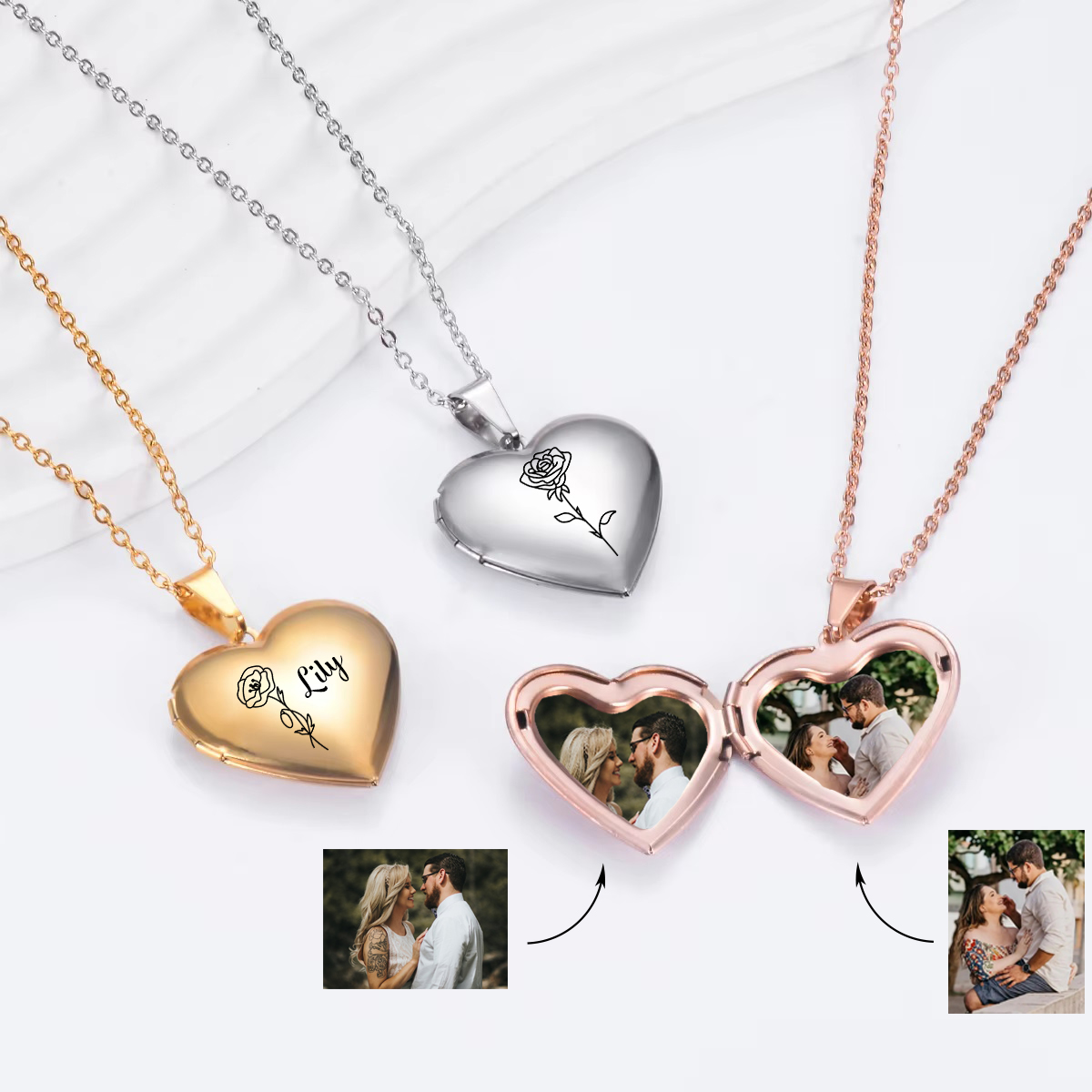 女性のためのパーソナライズされたステンレス鋼のネックレス,名 - Heart Locket Necklace Photo のレビューと価格