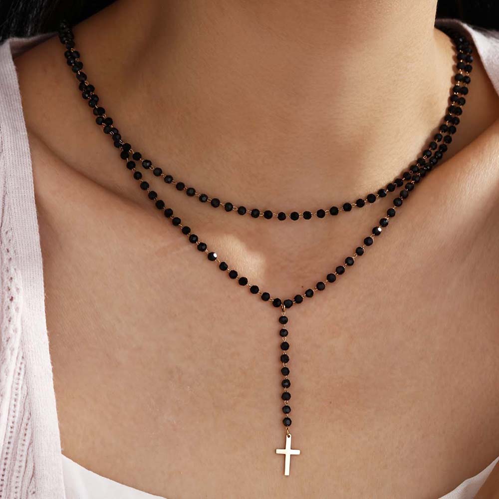 ゴシック二重層ブラッククリスタルビーズ Y ネックレス女性ク - Layered Pendant Necklace Aesthetic のレビューと価格