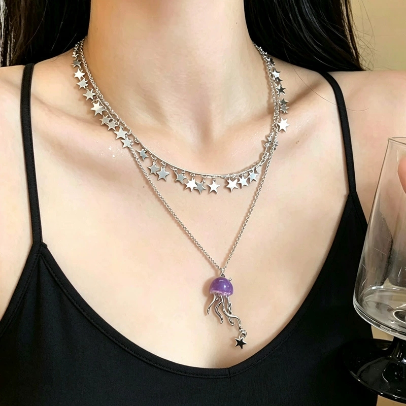 かわいい紫色のクラゲオーシャンスターペンダント二層チョーカー - Layered Pendant Necklace Aesthetic のレビューと価格